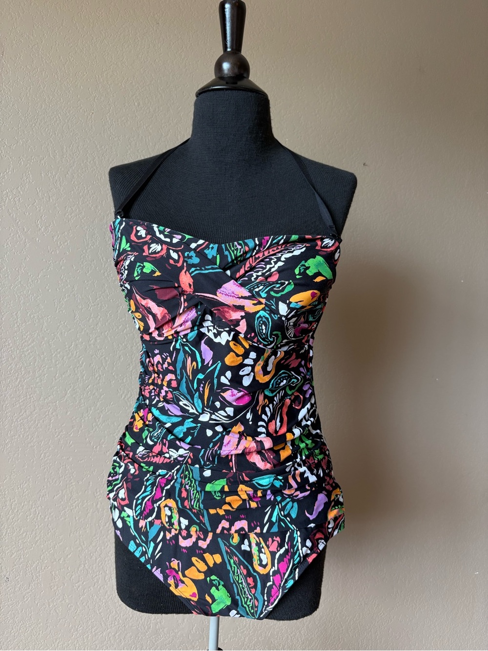 Anne Cole One Piece Swimsuit Black Floral Cl Removable Straps Slimming